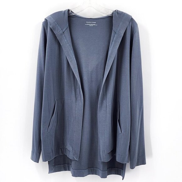 EILEEN FISHER Organic Cotton Hooded Open Front Cardigan Pockets Gray Blue - Picture 1 of 4